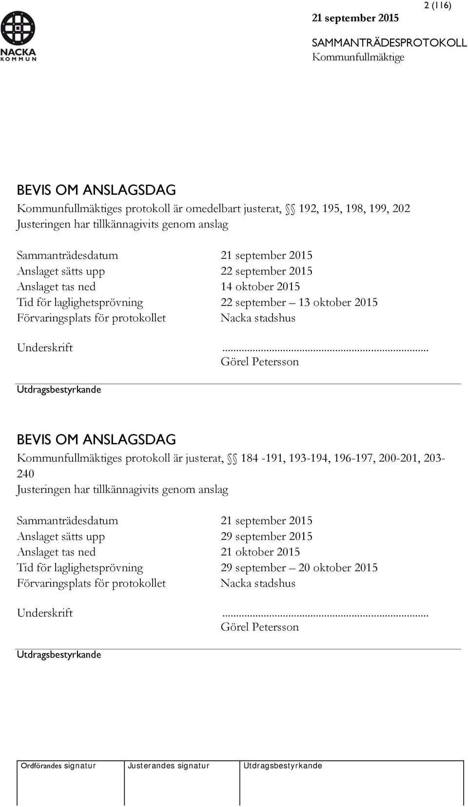 .. Görel Petersson Utdragsbestyrkande BEVIS OM ANSLAGSDAG s protokoll är justerat, 184-191, 193-194, 196-197, 200-201, 203-240 Justeringen har tillkännagivits genom anslag Sammanträdesdatum 21