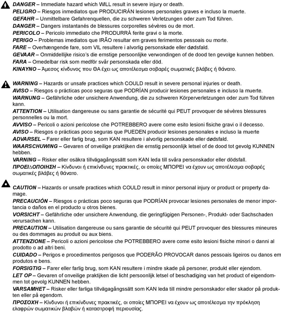PERICOLO Pericolo immediato che PRODURRÀ ferite gravi o la morte. PERIGO Problemas imediatos que IRÃO resultar em graves ferimentos pessoais ou morte.