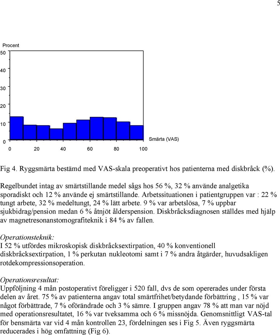 Arbetssituationen i patientgruppen var : 22 % tungt arbete, 32 % medeltungt, 24 % lätt arbete. 9 % var arbetslösa, 7 % uppbar sjukbidrag/pension medan 6 % åtnjöt ålderspension.