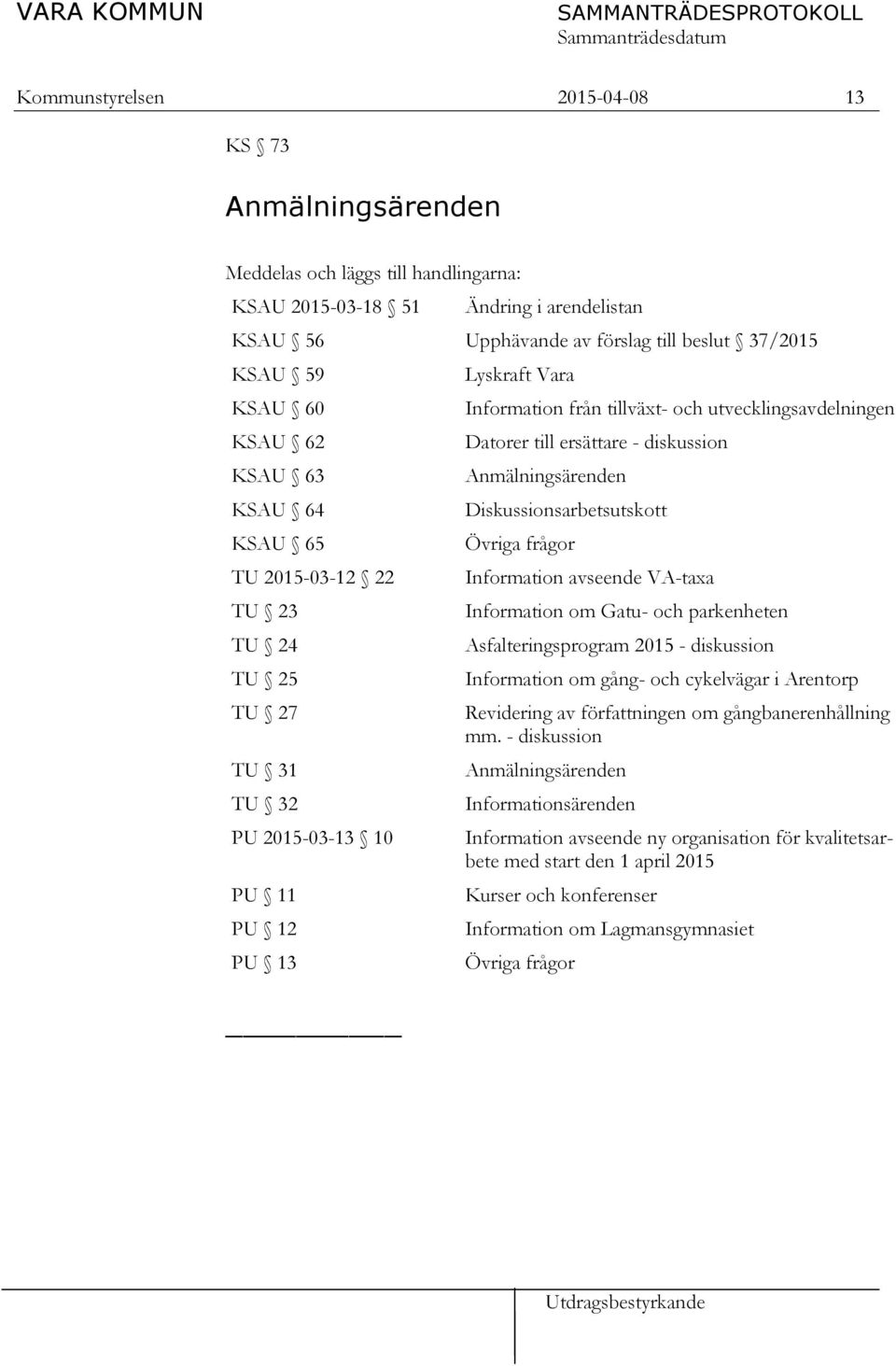 till ersättare - diskussion Anmälningsärenden Diskussionsarbetsutskott Övriga frågor Information avseende VA-taxa Information om Gatu- och parkenheten Asfalteringsprogram 2015 - diskussion