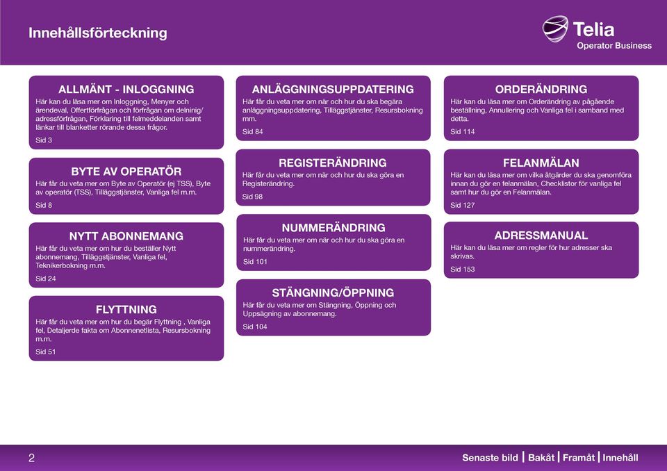 r om Byte av Operatör (ej TSS), Byte av operatör (TSS), Tilläggstjänster, Vanliga fel m.m. Sid 8 NYTT ABONNEMANG Här får du veta mer om hur du beställer Nytt abonnemang, Tilläggstjänster, Vanliga fel, Teknikerbokning m.