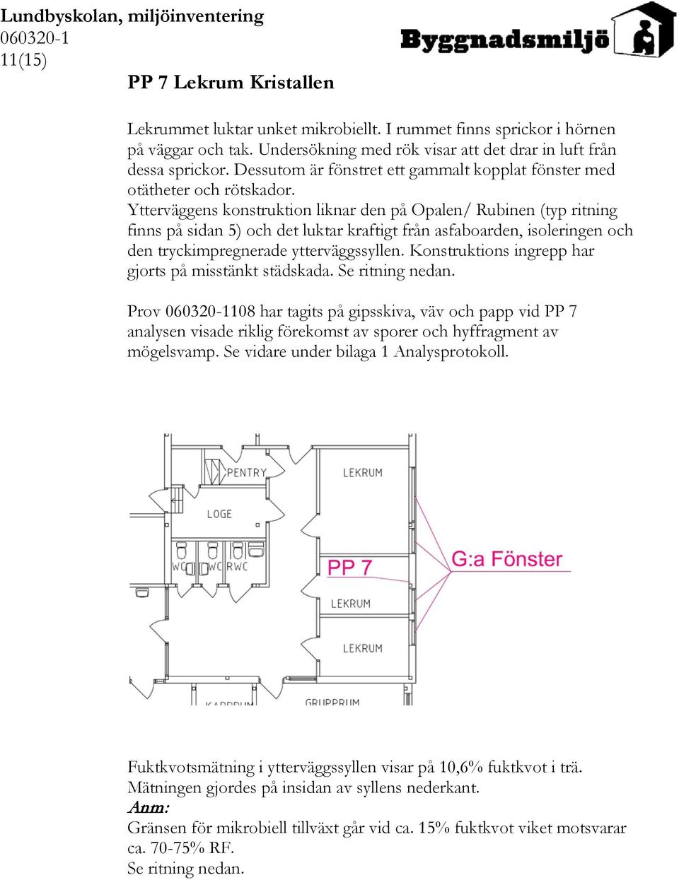 Ytterväggens konstruktion liknar den på Opalen/ Rubinen (typ ritning finns på sidan 5) och det luktar kraftigt från asfaboarden, isoleringen och den tryckimpregnerade ytterväggssyllen.