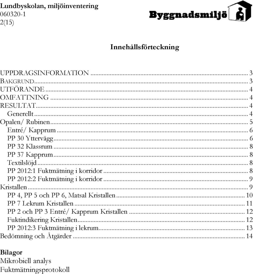 .. 8 PP 2012:2 Fuktmätning i korridor... 9 Kristallen... 9 PP 4, PP 5 och PP 6, Matsal Kristallen... 10 PP 7 Lekrum Kristallen.