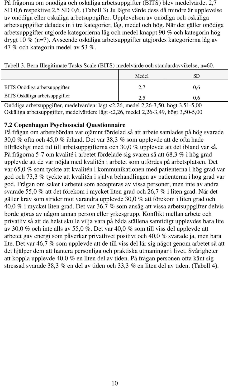 När det gäller onödiga arbetsuppgifter utgjorde kategorierna låg och medel knappt 90 % och kategorin hög drygt 10 % (n=7).