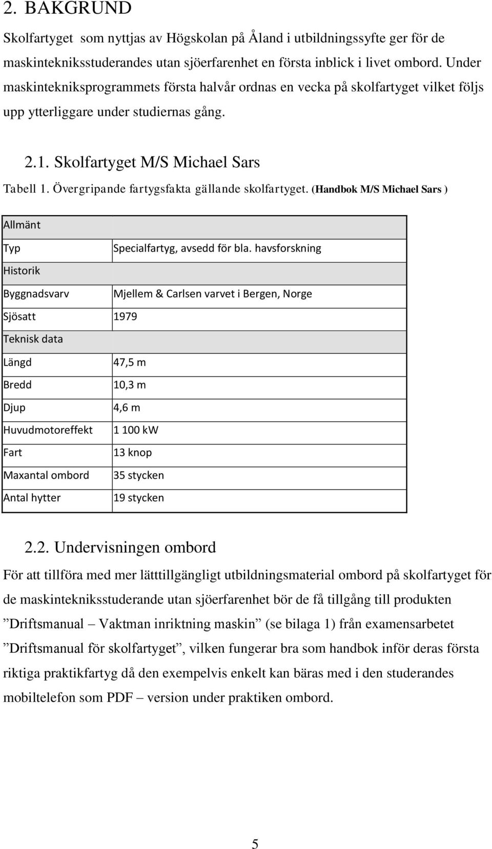 Övergripande fartygsfakta gällande skolfartyget. (Handbok M/S Michael Sars ) Allmänt Typ Historik Specialfartyg, avsedd för bla.