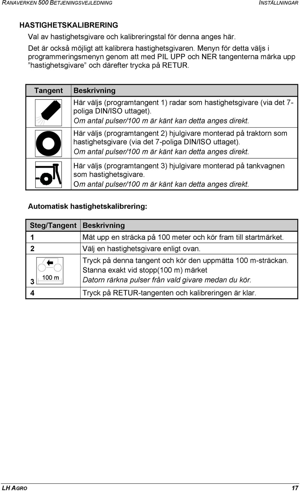 Här väljs (programtangent 1) radar som hastighetsgivare (via det 7- poliga DIN/ISO uttaget). Om antal pulser/100 m är känt kan detta anges direkt.