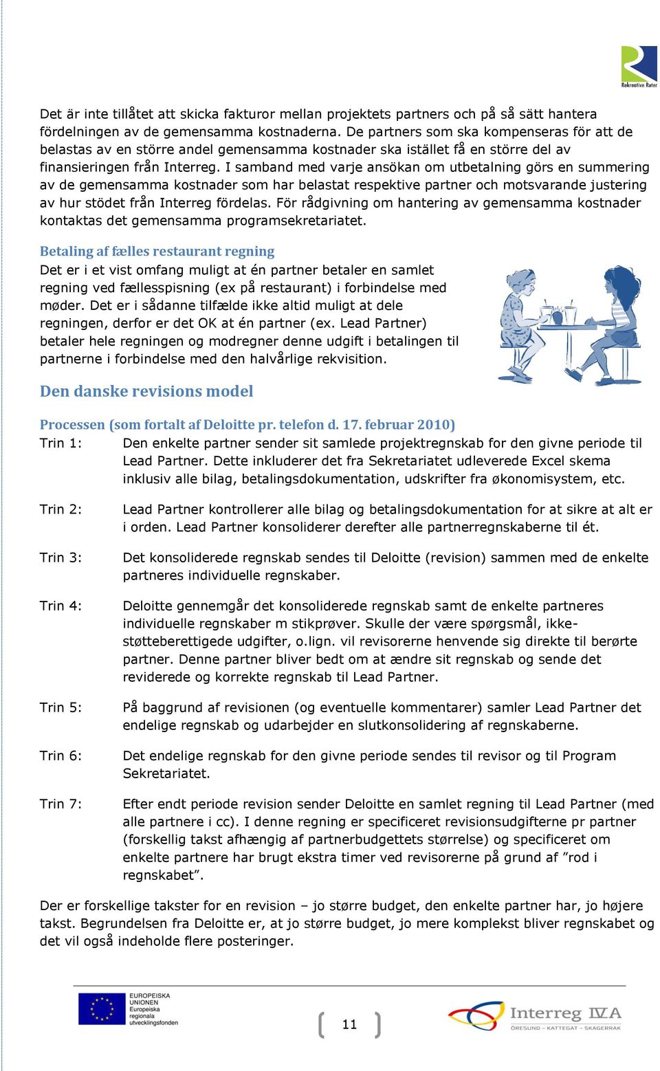 I samband med varje ansökan om utbetalning görs en summering av de gemensamma kostnader som har belastat respektive partner och motsvarande justering av hur stödet från Interreg fördelas.