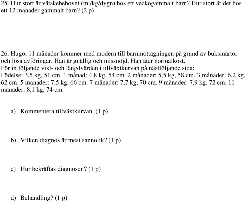 För in följande vikt- och längdvärden i tillväxtkurvan på nästföljande sida: Födelse: 3,5 kg, 51 cm. 1 månad: 4,8 kg, 54 cm. 2 månader: 5,5 kg, 58 cm.