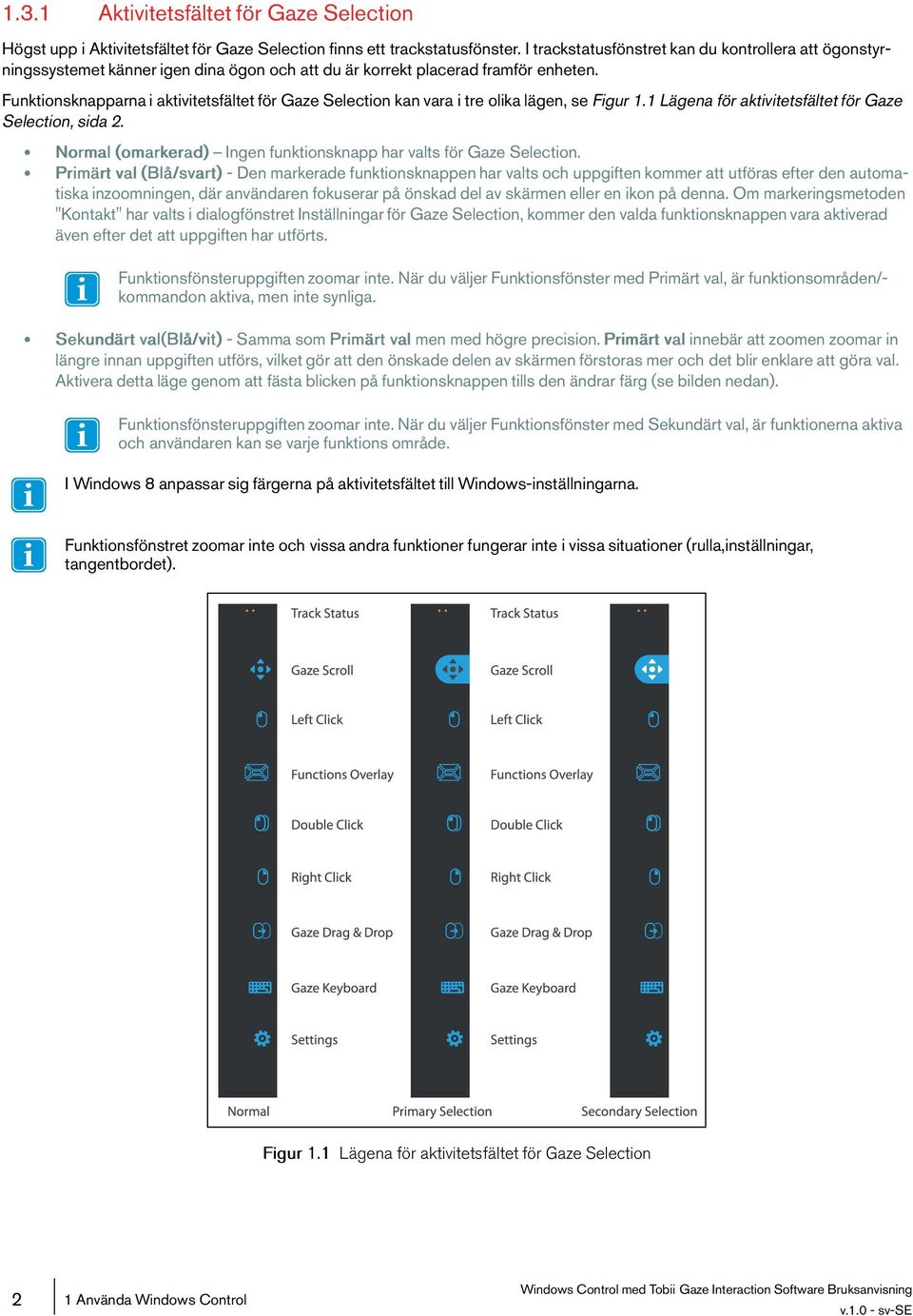 Funktionsknapparna i aktivitetsfältet för Gaze Selection kan vara i tre olika lägen, se Figur 1.1 Lägena för aktivitetsfältet för Gaze Selection, sida 2.