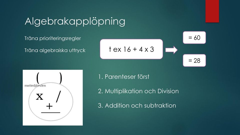 uttryck t ex 16 + 4 x 3 = 60 = 28 1.