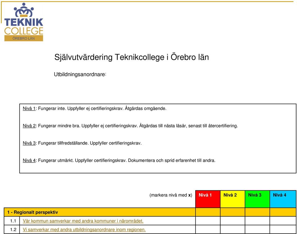 Uppfyller certifieringskrav. Nivå 4: Fungerar utmärkt. Uppfyller certifieringskrav. Dokumentera och sprid erfarenhet till andra.