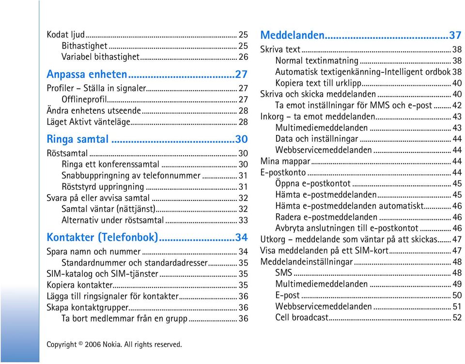 .. 32 Alternativ under röstsamtal... 33 Kontakter (Telefonbok)...34 Spara namn och nummer... 34 Standardnummer och standardadresser... 35 SIM-katalog och SIM-tjänster... 35 Kopiera kontakter.