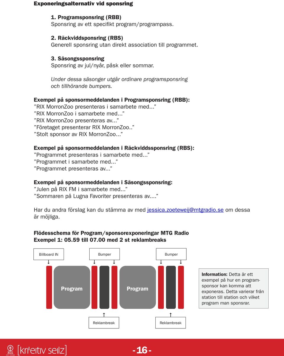 Exempel på sponsormeddelanden i Programsponsring (RBB): RIX MorronZoo presenteras i samarbete med... RIX MorronZoo i samarbete med... RIX MorronZoo presenteras av... Företaget presenterar RIX MorronZoo.