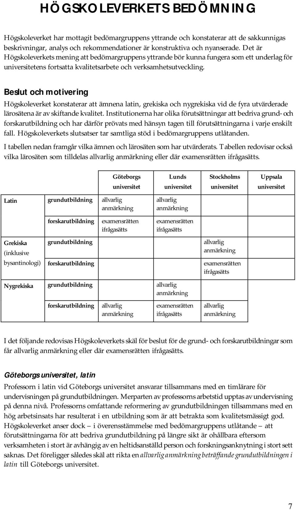 Beslut och motivering Högskoleverket konstaterar att ämnena latin, grekiska och nygrekiska vid de fyra utvärderade lärosätena är av skiftande kvalitet.