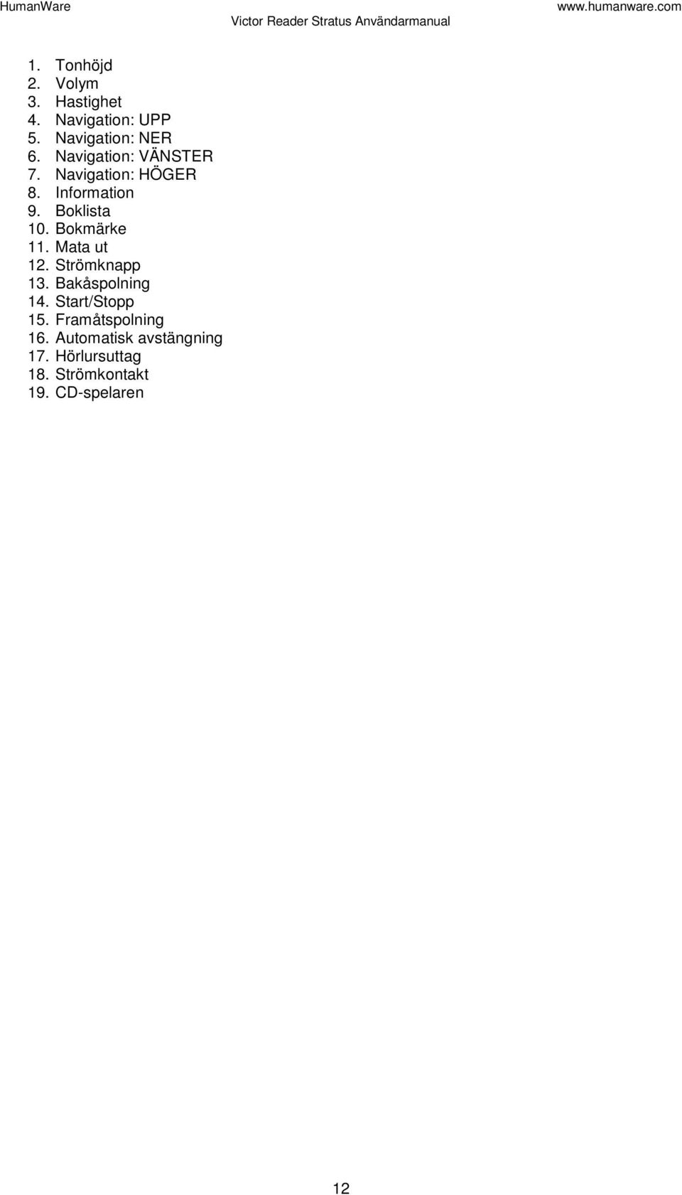 Bokmärke 11. Mata ut 12. Strömknapp 13. Bakåspolning 14. Start/Stopp 15.