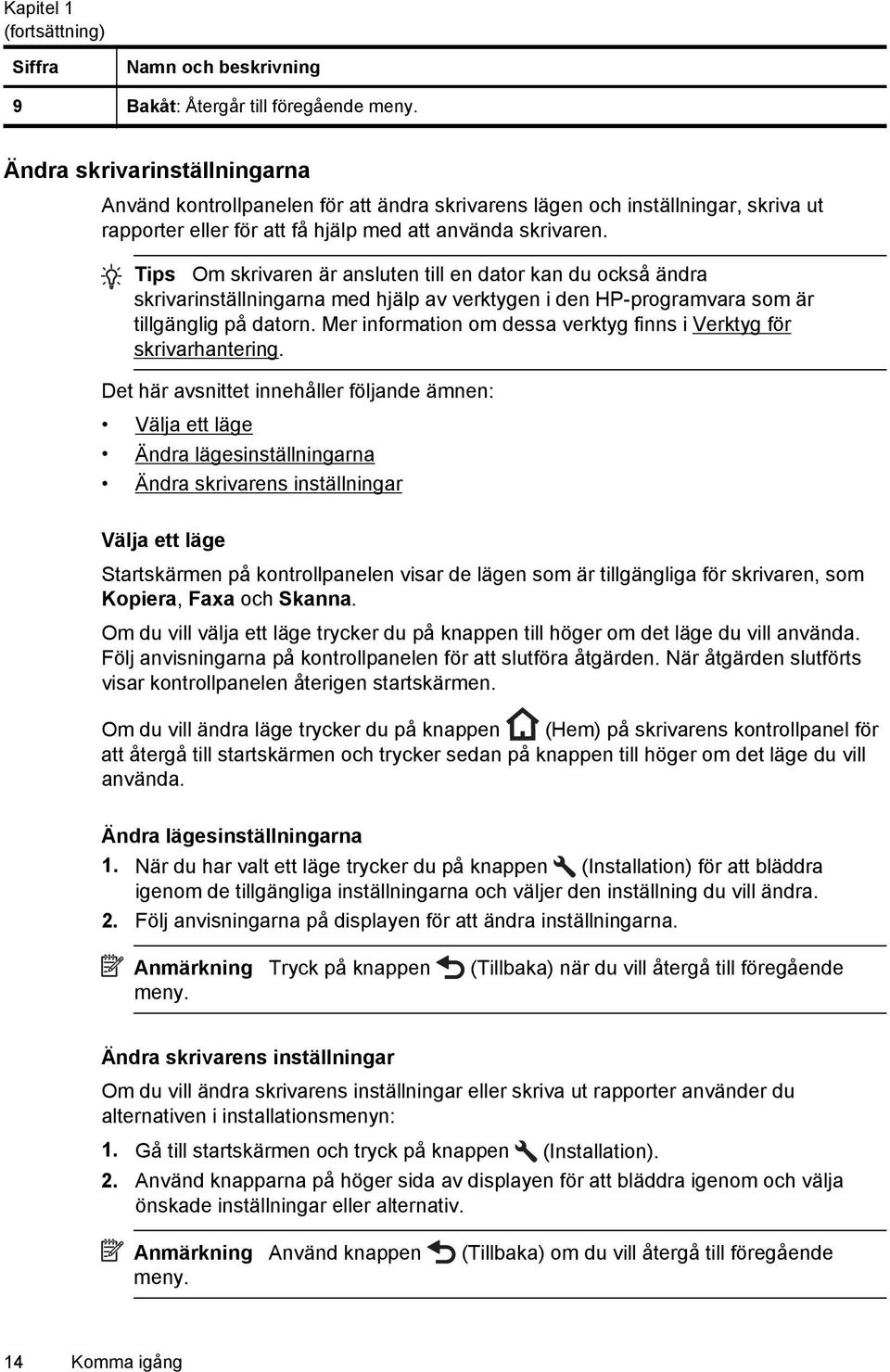 Tips Om skrivaren är ansluten till en dator kan du också ändra skrivarinställningarna med hjälp av verktygen i den HP-programvara som är tillgänglig på datorn.