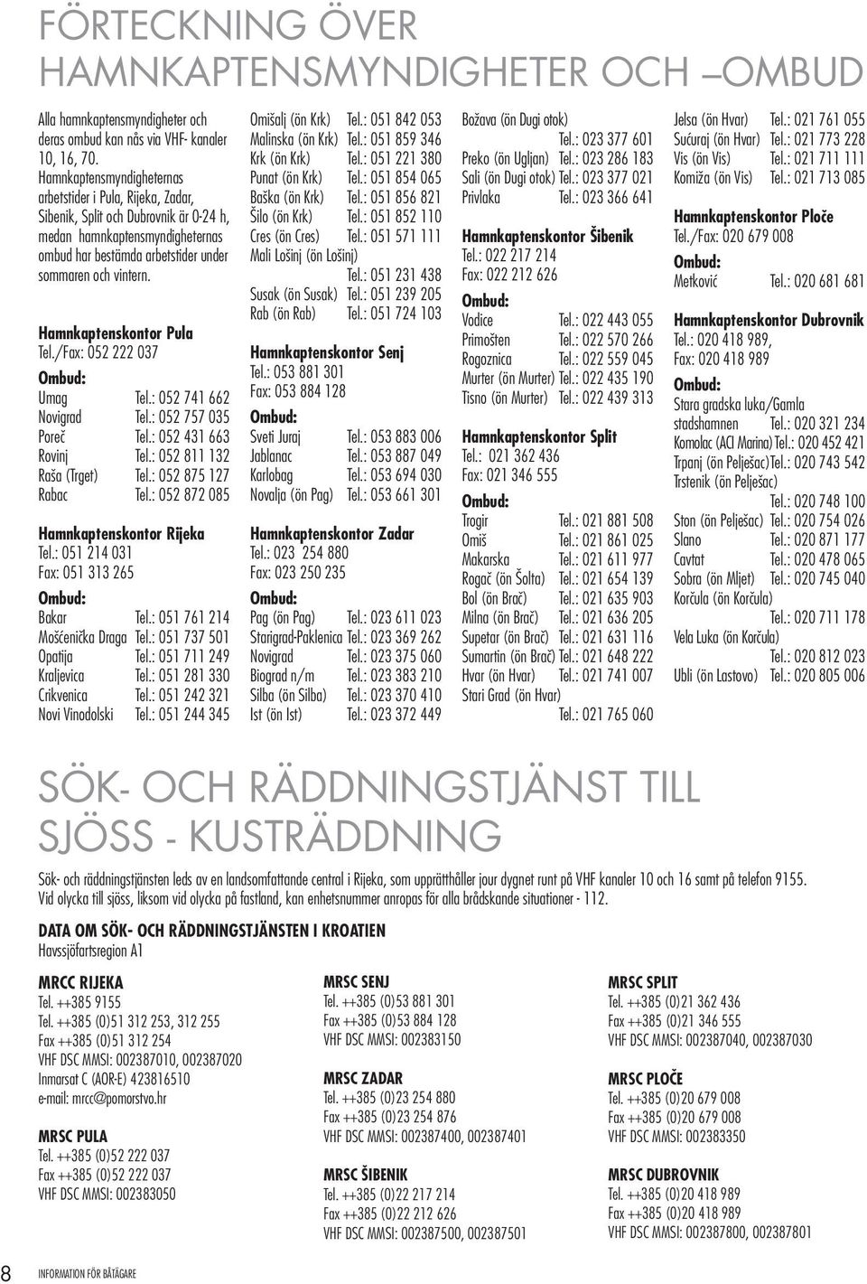 Hamnkaptenskontor Pula Tel./Fax: 052 222 037 Ombud: Umag Tel.: 052 741 662 Novigrad Tel.: 052 757 035 Poreč Tel.: 052 431 663 Rovinj Tel.: 052 811 132 Raša (Trget) Tel.: 052 875 127 Rabac Tel.