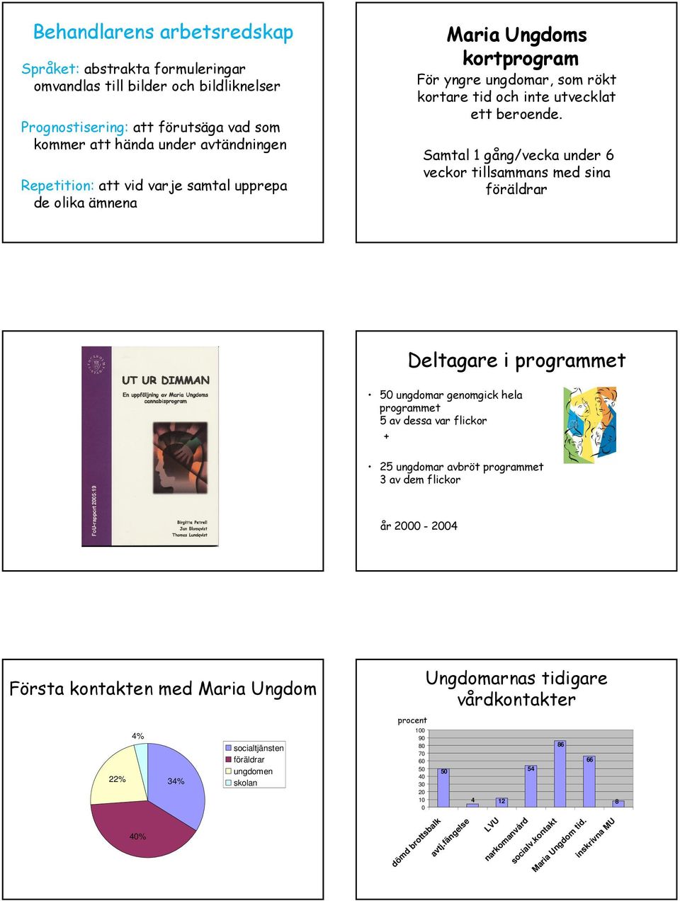 Samtal 1 gång/vecka under 6 veckor tillsammans med sina föräldrar Deltagare i programmet 50 ungdomar genomgick hela programmet 5 av dessa var flickor + 25 ungdomar avbröt programmet 3 av dem flickor