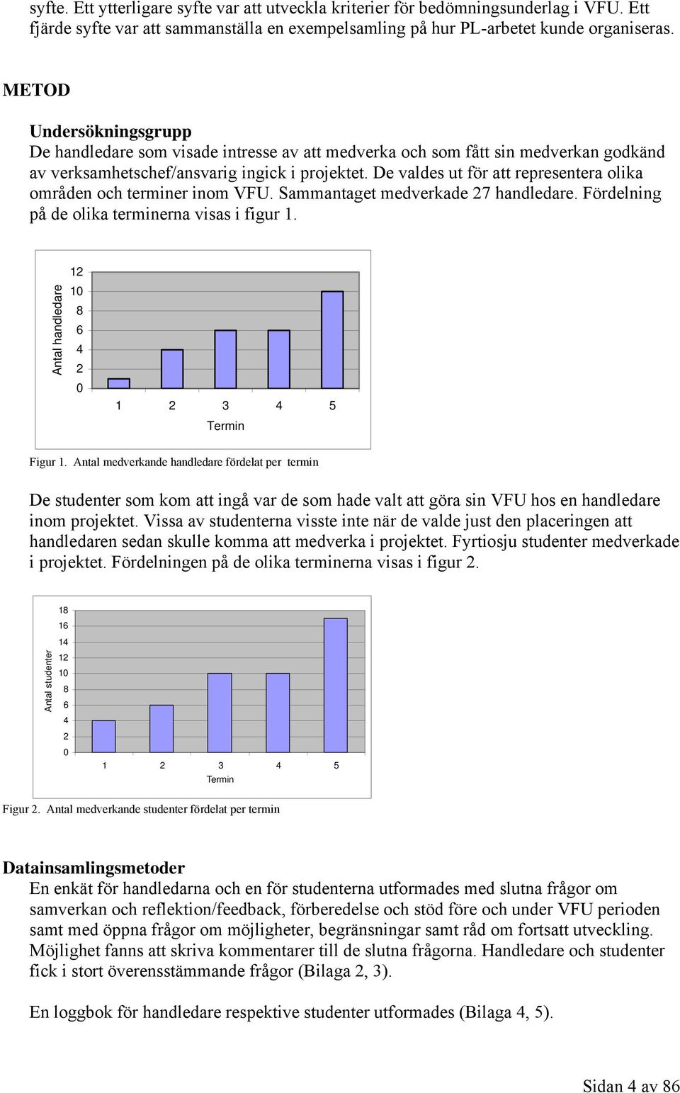 De valdes ut för att representera olika områden och terminer inom VFU. Sammantaget medverkade 27 handledare. Fördelning på de olika terminerna visas i figur 1.