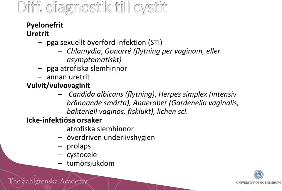 Herpes simplex (intensiv brännande smärta), Anaerober (Gardenella vaginalis, bakteriell vaginos, fisklukt),