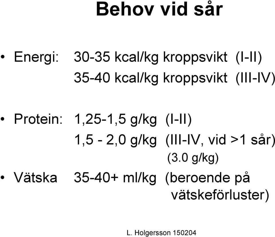 1,25-1,5 g/kg (I-II) Vätska 1,5-2,0 g/kg (III-IV,