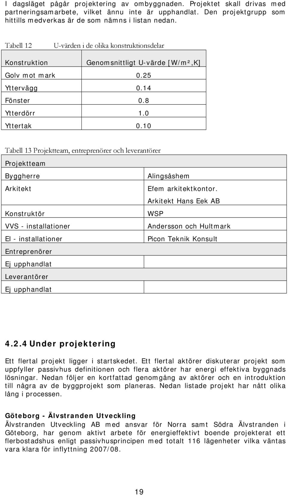 10 Tabell 13 Projektteam, entreprenörer och leverantörer Projektteam Byggherre Arkitekt Konstruktör VVS - installationer El - installationer Entreprenörer Ej upphandlat Leverantörer Ej upphandlat