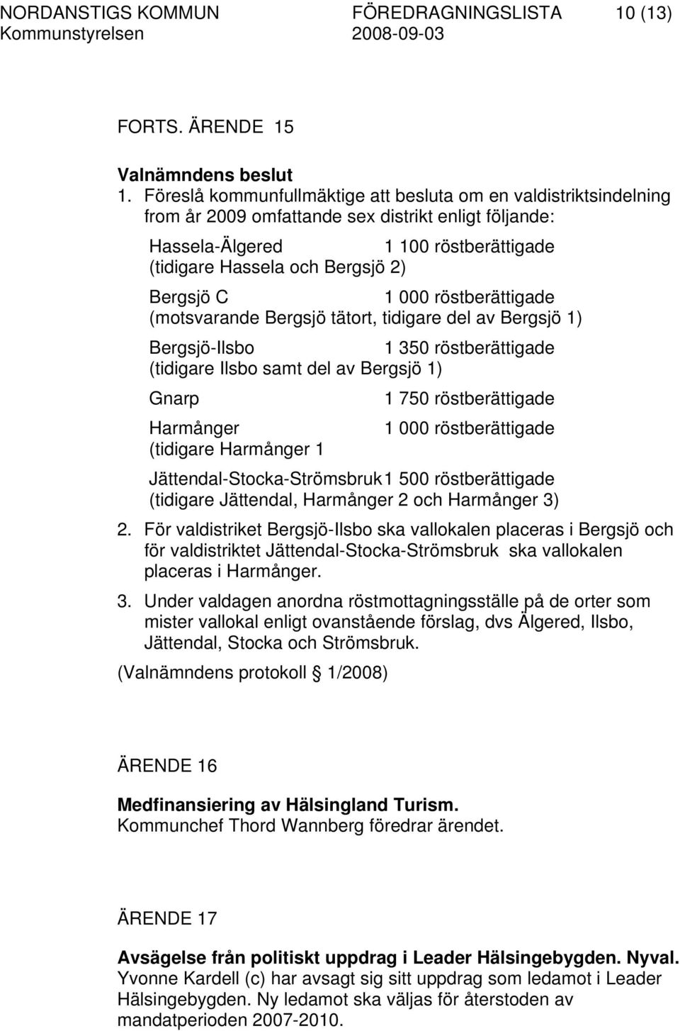 C 1 000 röstberättigade (motsvarande Bergsjö tätort, tidigare del av Bergsjö 1) Bergsjö-Ilsbo 1 350 röstberättigade (tidigare Ilsbo samt del av Bergsjö 1) Gnarp 1 750 röstberättigade Harmånger 1 000