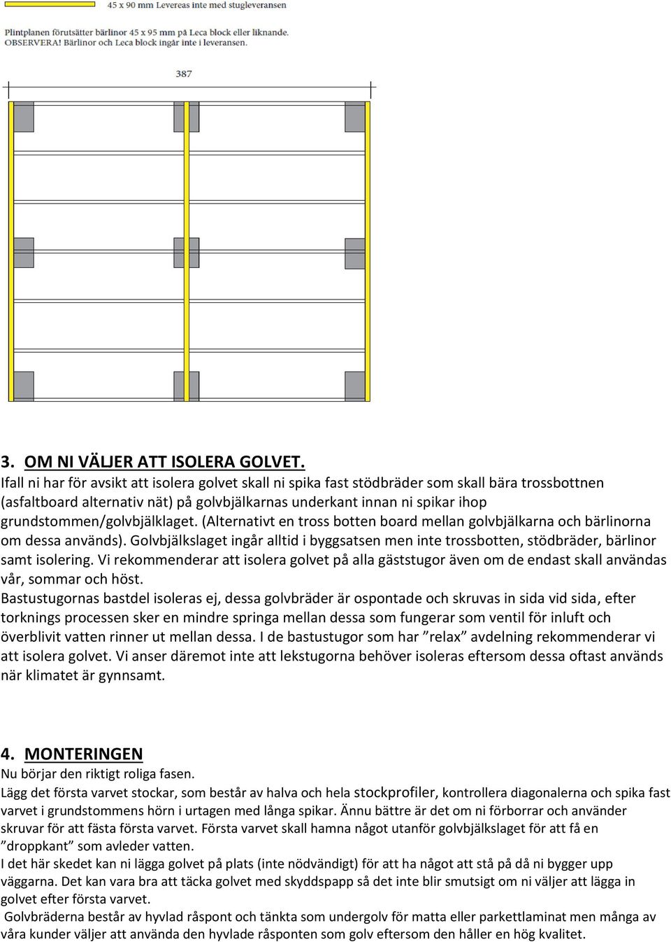 grundstommen/golvbjälklaget. (Alternativt en tross botten board mellan golvbjälkarna och bärlinorna om dessa används).