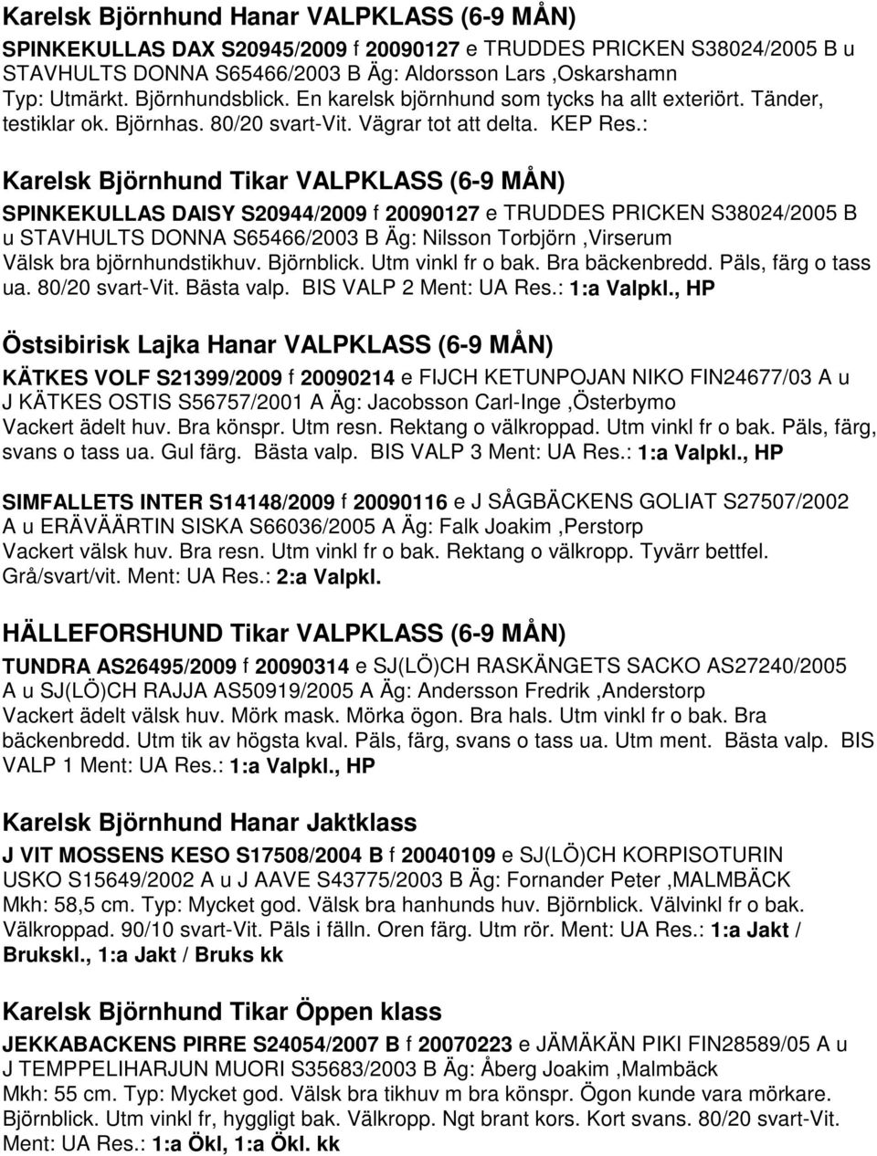 : Karelsk Björnhund Tikar VALPKLASS (6-9 MÅN) SPINKEKULLAS DAISY S20944/2009 f 20090127 e TRUDDES PRICKEN S38024/2005 B u STAVHULTS DONNA S65466/2003 B Äg: Nilsson Torbjörn,Virserum Välsk bra