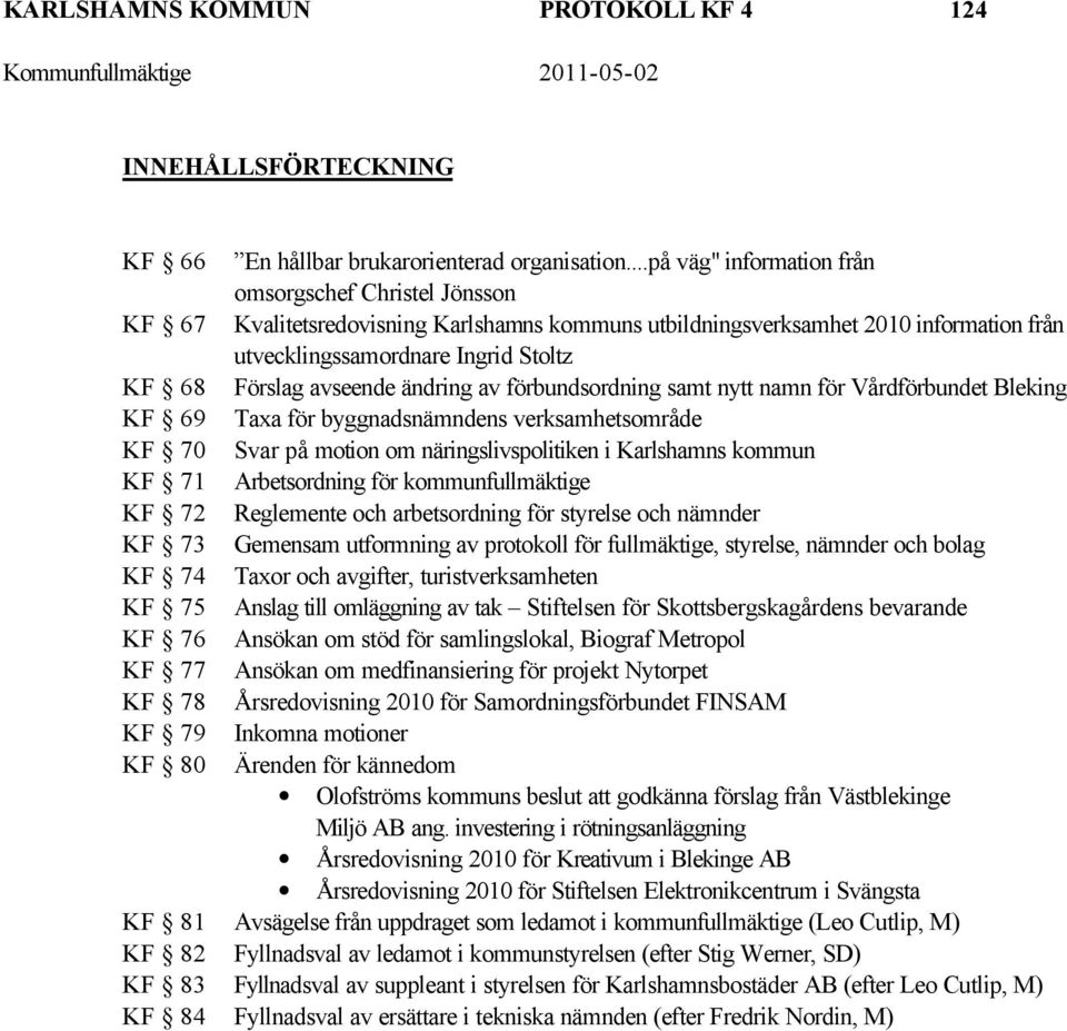 avseende ändring av förbundsordning samt nytt namn för Vårdförbundet Blekinge KF 69 Taxa för byggnadsnämndens verksamhetsområde KF 70 Svar på motion om näringslivspolitiken i Karlshamns kommun KF 71