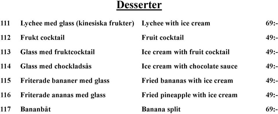 chockladsås Ice cream with chocolate sauce 49:- 115 Friterade bananer med glass Fried bananas with