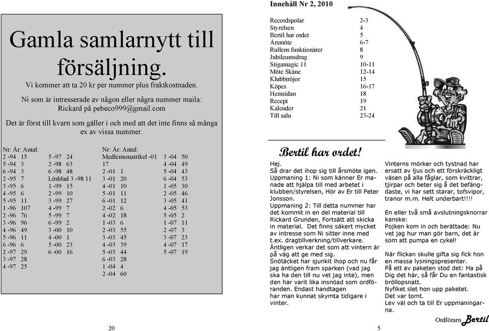 Recordspolar 2-3 Styrelsen 4 Bertil har ordet 5 Årsmöte 6-7 Rullens funktionärer 8 Jubileumsdrag 9 Stigamagic 11 10-11 Möte Skåne 12-14 Klubbtröjor 15 Köpes 16-17 Hemsidan 18 Recept 19 Kalender 21