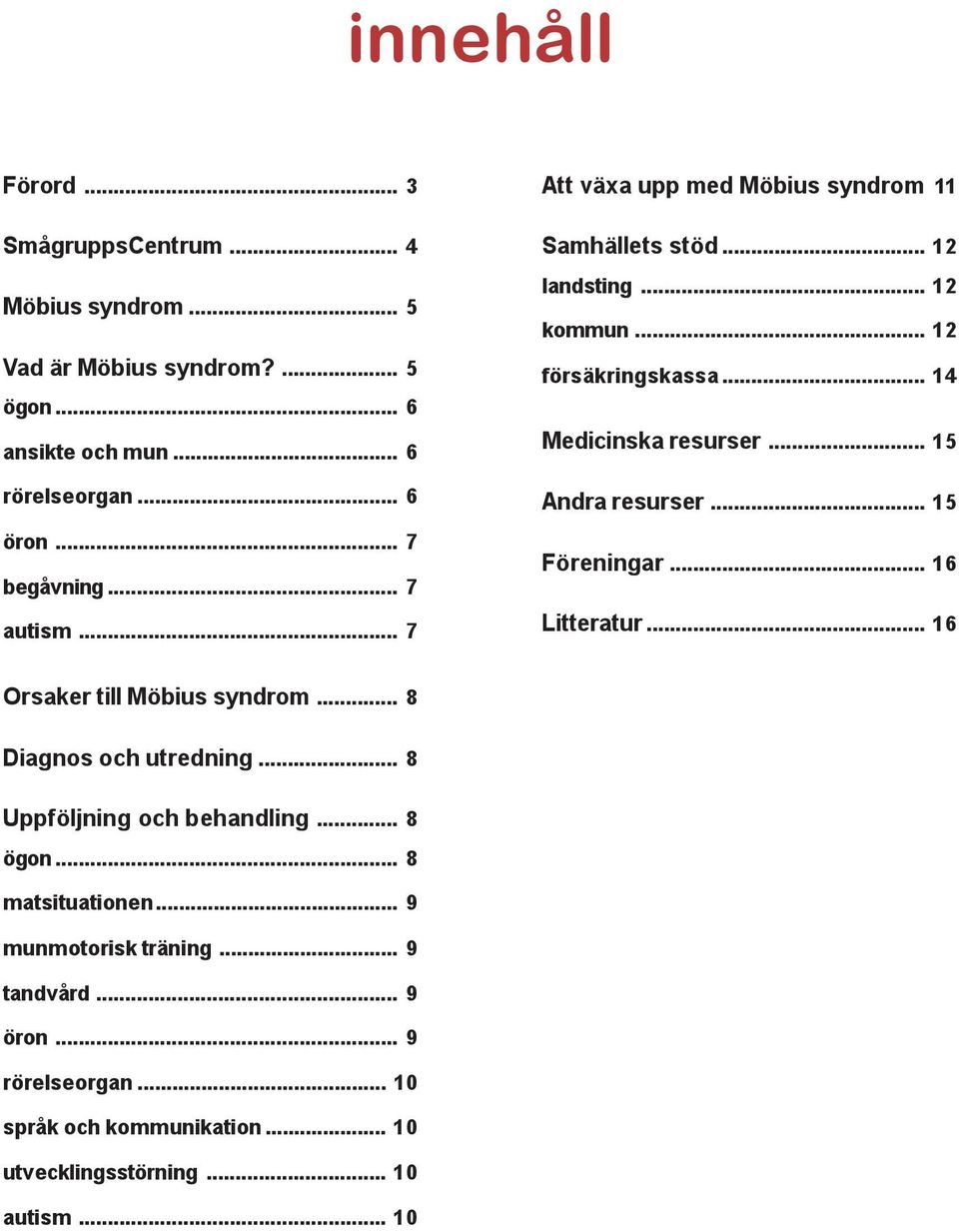 .. 15 Andra resurser... 15 Föreningar... 16 Litteratur... 16 Orsaker till Möbius syndrom... 8 Diagnos och utredning... 8 Uppföljning och behandling.