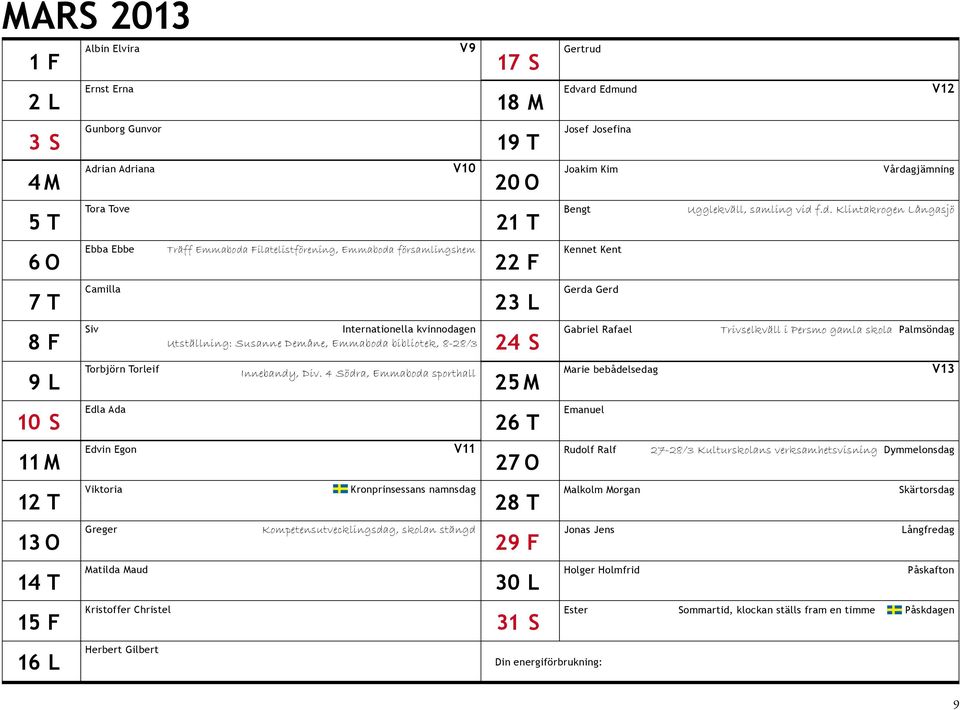 4 Södra, Emmaboda sporthall Edla Ada Edvin Egon V11 Viktoria Kronprinsessans namnsdag Greger Kompetensutvecklingsdag, skolan stängd Matilda Maud Kristoffer Christel Herbert Gilbert 17 S 18 M 19 T 20