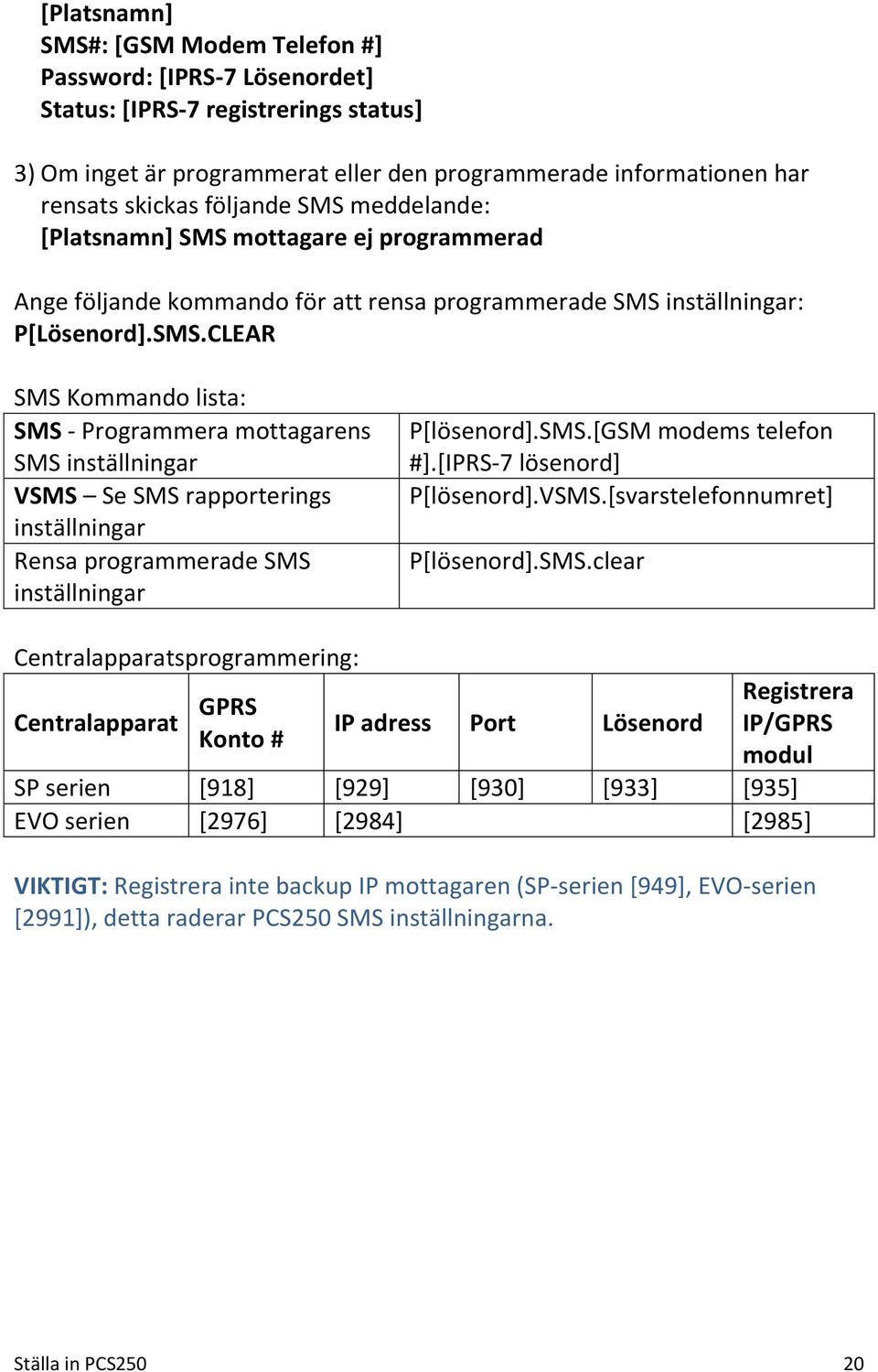 SMS.[GSM modems telefon #].[IPRS-7 lösenord] P[lösenord].VSMS.[svarstelefonnumret] P[lösenord].SMS.clear Centralapparatsprogrammering: Centralapparat GPRS Konto # IP adress Port Lösenord Registrera