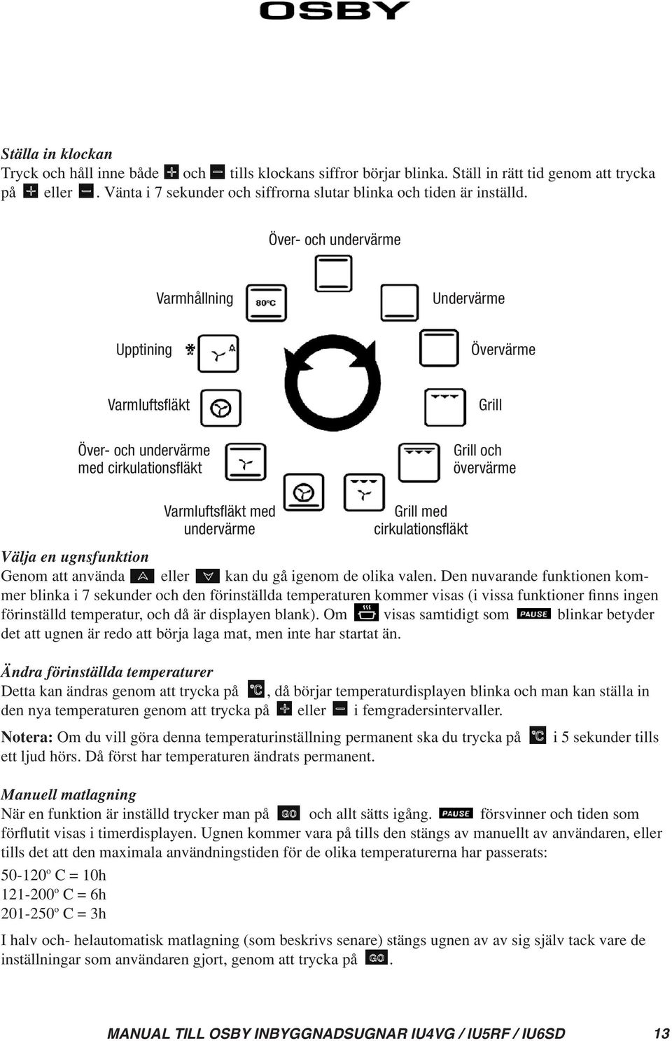 cirkulationsfläkt Välja en ugnsfunktion Genom att använda eller kan du gå igenom de olika valen.