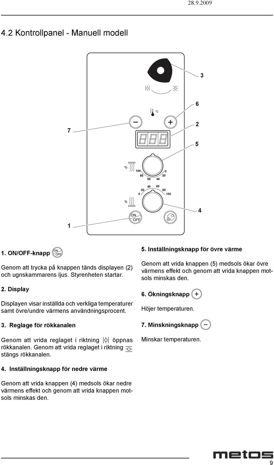 Inställningsknapp för övre värme Genom att vrida knappen (5) medsols ökar övre värmens effekt och genom att vrida knappen motsols minskas den. 6. Ökningsknapp Höjer temperaturen. 7.