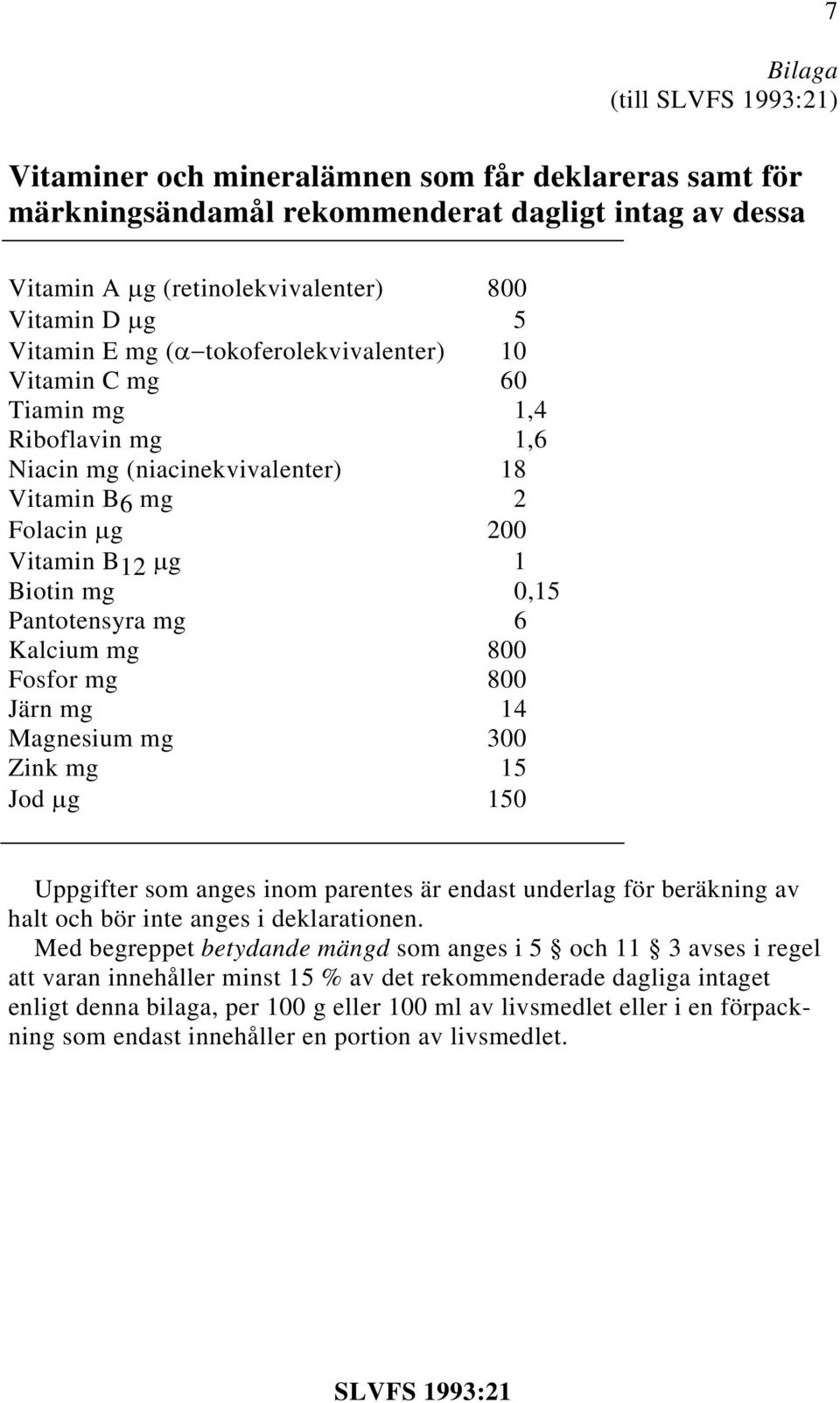 800 Fosfor mg 800 Järn mg 14 Magnesium mg 300 Zink mg 15 Jod μg 150 Uppgifter som anges inom parentes är endast underlag för beräkning av halt och bör inte anges i deklarationen.