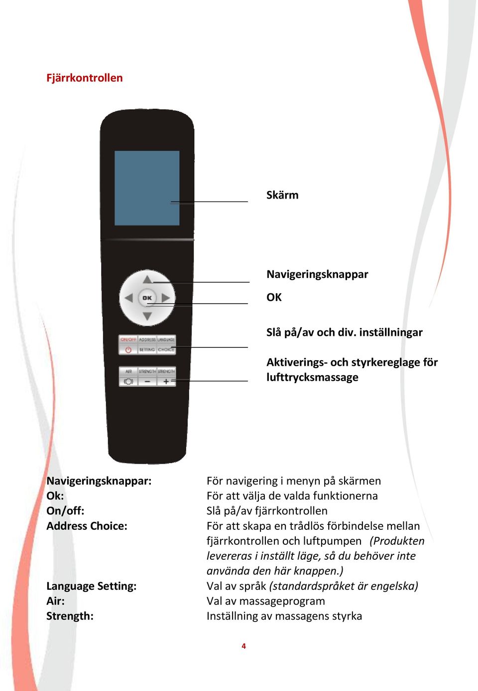 Strength: För navigering i menyn på skärmen För att välja de valda funktionerna Slå på/av fjärrkontrollen För att skapa en trådlös