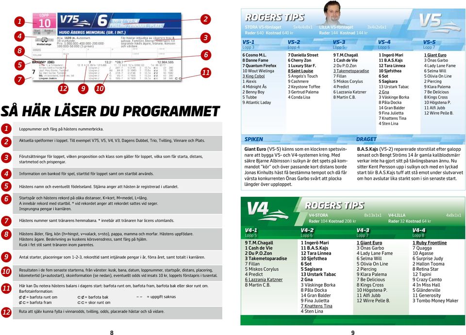 Information om bankod för spel, starttid för loppet samt om startbil används. Hästens namn och eventuellt födelseland. Stjärna anger att hästen är registrerad i utlandet.