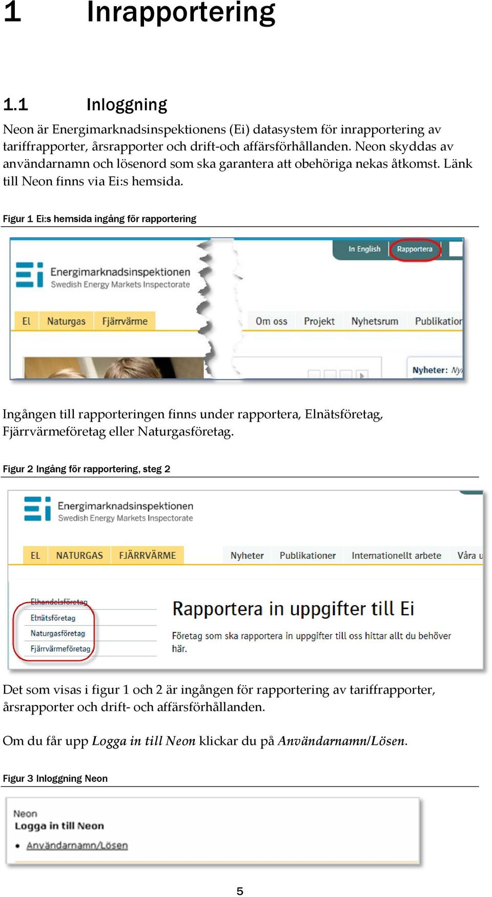 Figur 1 Ei:s hemsida ingång för rapportering Ingången till rapporteringen finns under rapportera, Elnätsföretag, Fjärrvärmeföretag eller Naturgasföretag.