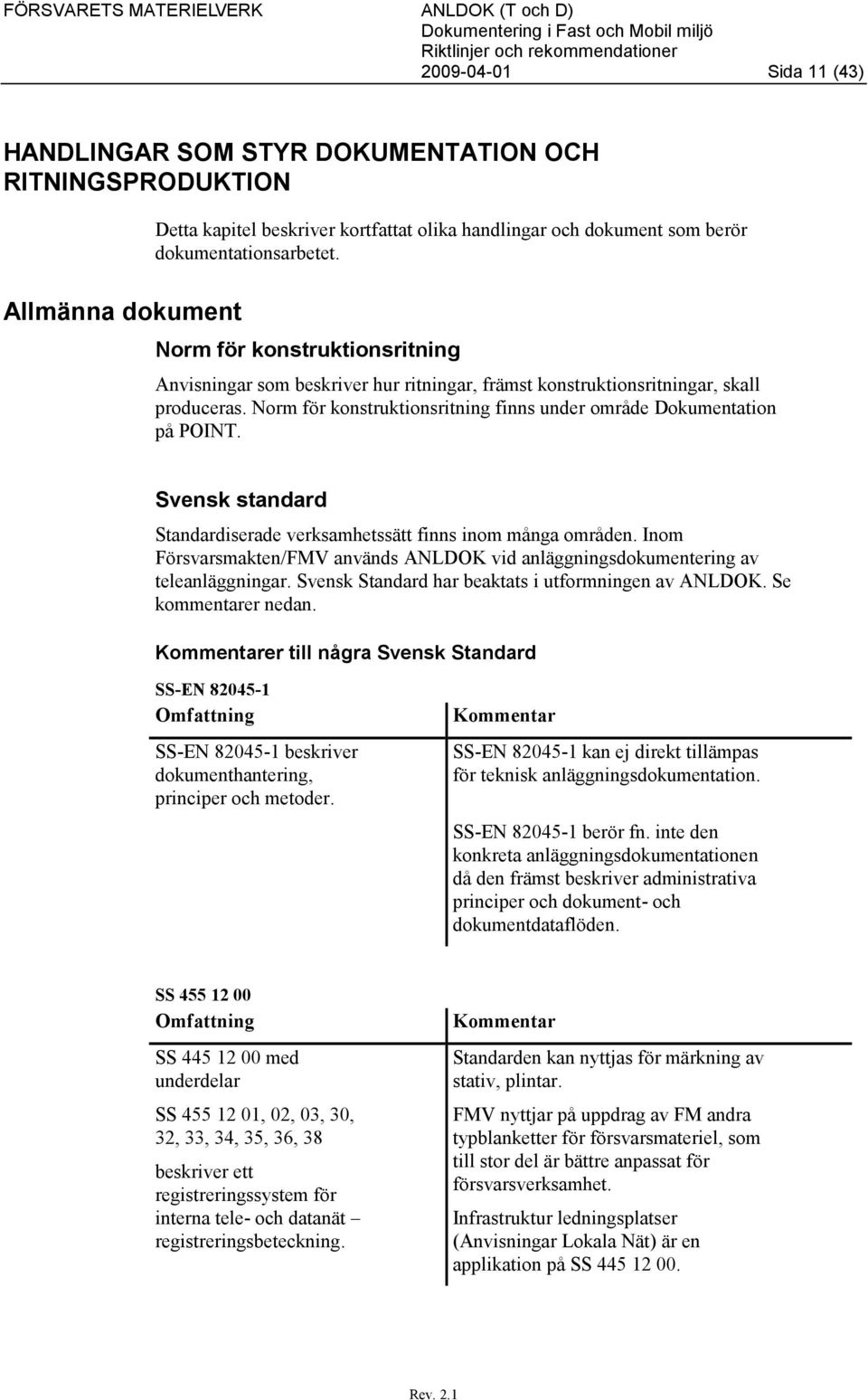 Svensk standard Standardiserade verksamhetssätt finns inom många områden. Inom Försvarsmakten/FMV används ANLDOK vid anläggningsdokumentering av teleanläggningar.