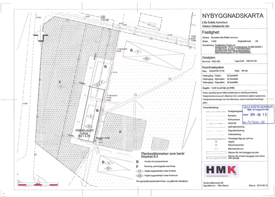 y ~ Dagvattenledning Vattenledning ~ Höjdax Föreslaget läge på nytt hus ~ Belysningsstolpe D Rännstensbrunn Marken får inte bebyggas på ytan Marken får endast bebyggas med uthus eller garage AB