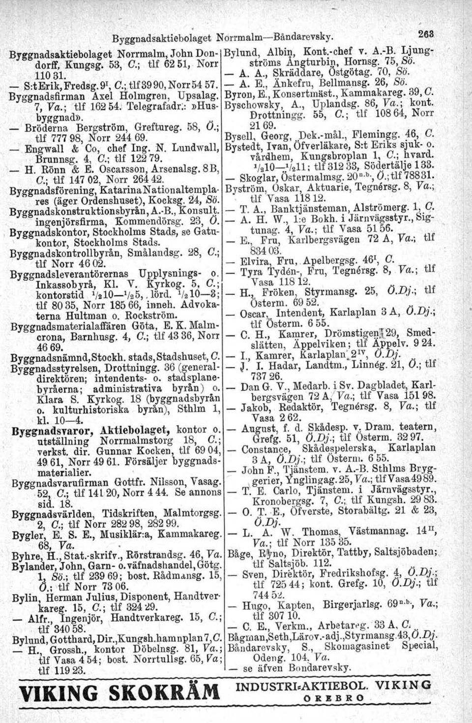 3yggnadsfirman Axel Holmgren, Upsalag. Byron, E., Konsertmäst., Kammakareg. 39, C. 7, Va.; "tlf 16254.\ 'I'elegrafadr..»Hus Byschowsky, A., Uplandsg, 86, Va.; kont. byggnad».. Drottningg. 55, C.