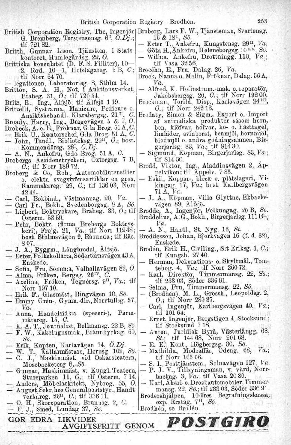 ; Brittiska konsulatet (D. F. S. Fil liter), 10 tlf Vasa 3256. ',2, lörd. 101, Hofslagateg. 5 B, C.; Brocehn, E., Fru, Dalag. 26, Va. tlf Norr 6470. Brock, Nanna o. Malin, Fröknar, Dalag.