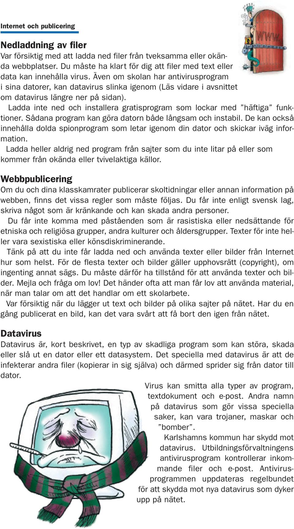 Även om skolan har antivirusprogram i sina datorer, kan datavirus slinka igenom (Läs vidare i avsnittet om datavirus längre ner på sidan).