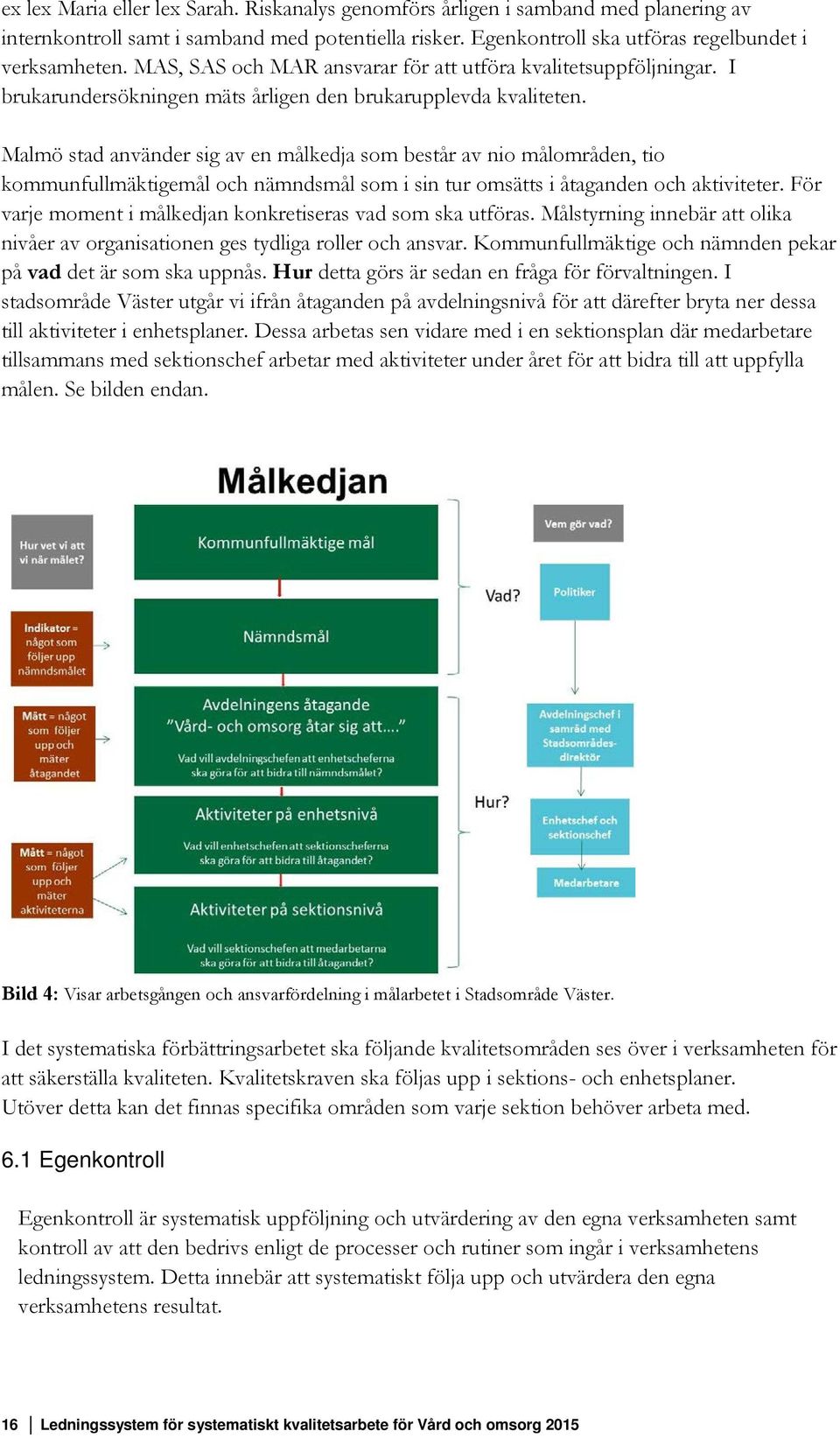 Malmö stad använder sig av en målkedja som består av nio målområden, tio kommunfullmäktigemål och nämndsmål som i sin tur omsätts i åtaganden och aktiviteter.