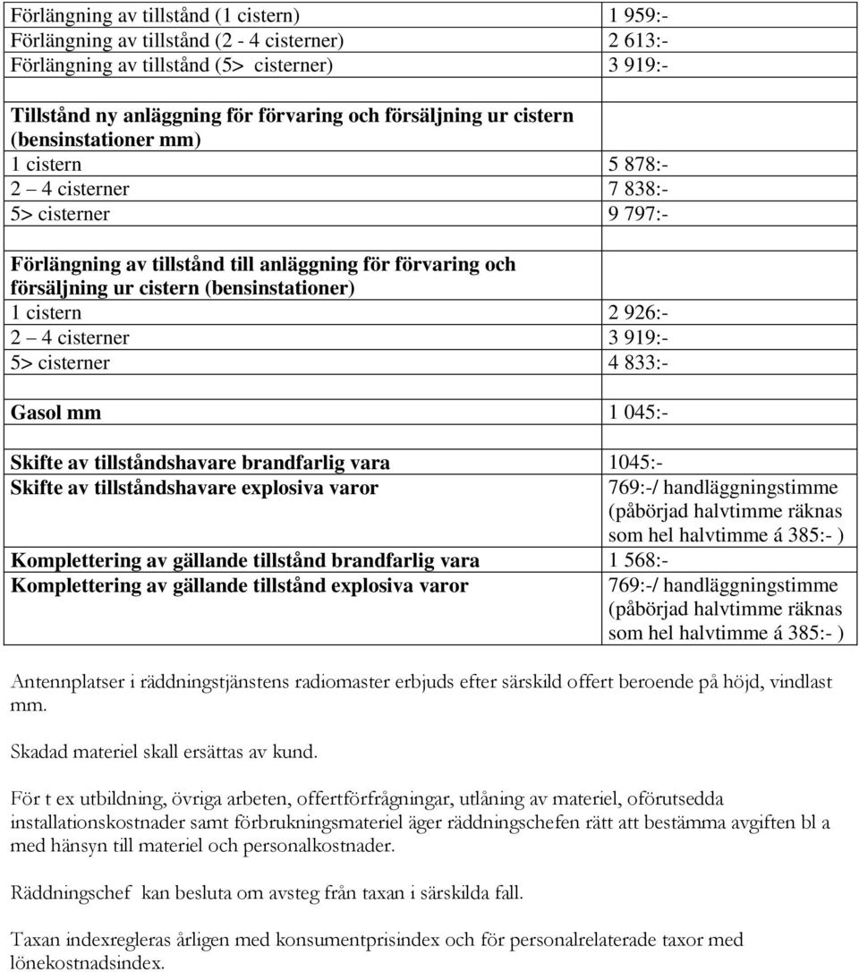 2 926:- 2 4 cisterner 3 919:- 5> cisterner 4 833:- Gasol mm 1 045:- Skifte av tillståndshavare brandfarlig vara 1045:- Skifte av tillståndshavare explosiva varor 769:-/ handläggningstimme (påbörjad