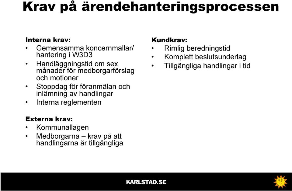 inlämning av handlingar Interna reglementen Kundkrav: Rimlig beredningstid Komplett