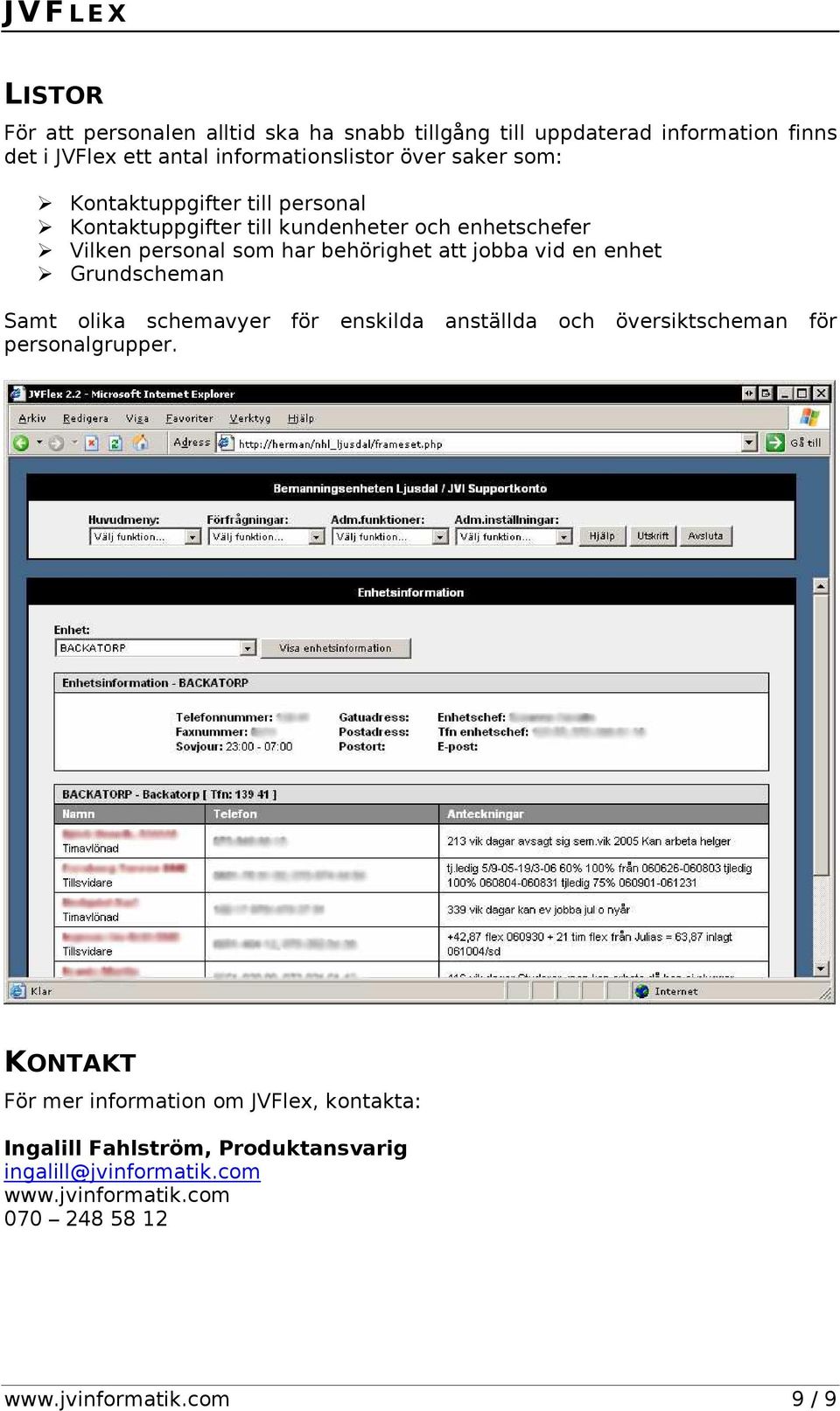 vid en enhet Grundscheman Samt olika schemavyer för enskilda anställda och översiktscheman för personalgrupper.